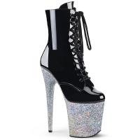 FLAMINGO-1020LG Pleaser High-Heels Plateau Stiefeletten schwarz Lack silber Glitter