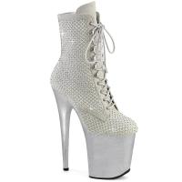 FLAMINGO-1020RM Pleaser High Heels Plateaustiefeletten silber Samt Strass Gewebenetz