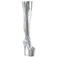 FLAMINGO-3000HWR Pleaser Plateauoverkneestiefel silber Hologramm Stretch Lederlook