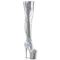 Sale FLAMINGO-3000HWR Pleaser platform stretch thigh high heels boot silver stretch holo matte 38