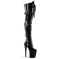 FLAMINGO-3028 Pleaser High-Heels Plateau Overkneestiefel schwarz Lack 3 Schnallen