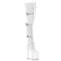 FLAMINGO-3028 Pleaser High-Heels Plateau Overkneestiefel weiß Lack 3 Schnallen