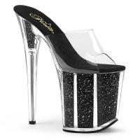 FLAMINGO-801G Pleaser High-Heels Plateau Pantoletten transparent schwarz Glitter