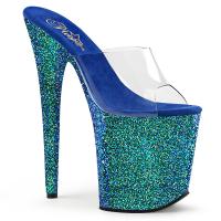 FLAMINGO-801LG Pleaser High-Heels Plateau Pantoletten transparent blau mit Glitter