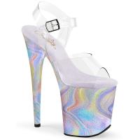 FLAMINGO-808CRF Pleaser vegan high heels ankle strap sandal simulated glitter clear lavender multi glitter