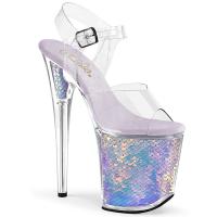 FLAMINGO-808MC Pleaser vegan high heels ankle straps mermaid scales clear lavender hohlgramm inserts