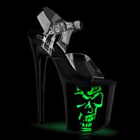 FLAMINGO-808NLSK Pleaser High Heels Plateausandaletten klar schwarz Totenkopf LED