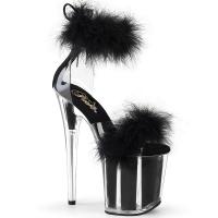 FLAMINGO-824F Pleaser high heels ankle cuff platform sandal clear black marabou fur