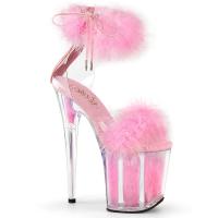 Sale FLAMINGO-824F Pleaser high heels ankle cuff platform sandal clear baby pink marabou fur 42