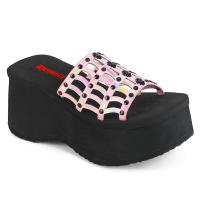 FUNN-13 DemoniaCult ladys platform slide sandal studded spider web baby pink holo patent