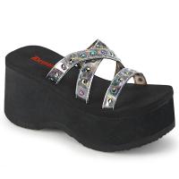 Sale FUNN-19 DemoniaCult Damen Plateau Pantoletten Flachnieten schwarz Ölfleck-Hologramm 39