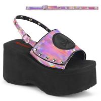 FUNN-32 DemoniaCult Damen Plateau Slingback Pantoletten Nieten Totenkopf pink Hologramm