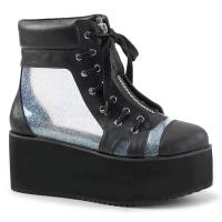 GRIP-102 DemoniaCult Damen Plateau Stiefeletten Hologramm Einsätz schwarz Lederoptik