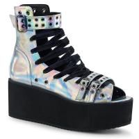 GRIP-105 DemoniaCult Damen Plateau Sandaletten Schnallen silber Hologramm Lederoptik