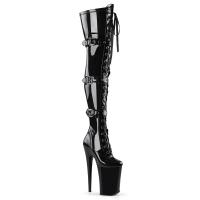 INFINITY-3028 Pleaser high heels thigh high boot triple buckles black stretch patent