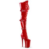 INFINITY-3028 Pleaser high heels thigh high boot triple buckles red stretch patent