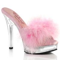 MAJESTY-501F-8 Fabulicious high heels platform comfort width slipper marabu fur baby pink clear