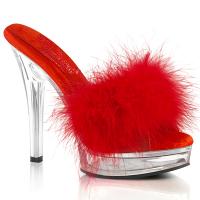 MAJESTY-501F-8 Fabulicious high heels platform comfort width slipper marabu fur red clear