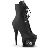 MOON-1020SK Pleaser vegan high heels ankle boot pewter skull bones black matte