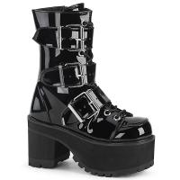RANGER-308 DemoniaCult vegane Damen Plateaustiefeletten 3 Riemen schwarz Lack