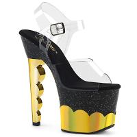 SCALLOP-708-2HGM Pleaser High-Heels Plateausandaletten klar schwarz gold Chrom