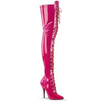 SEDUCE-3024 Pleaser Damen High-Heels Overkneestiefel D-Ring Schnürung hotpink Lack