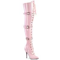 SEDUCE-3028 Pleaser High-Heels Overkneestiefel Schnürung drei Riemchen babypink Stretch Lack