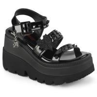 SHAKER-13 DemoniaCult vegane Damen Riemchen Keilplateaupumps Nieten Anhänger schwarz Lack