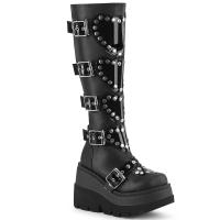 SHAKER-210 DemoniaCult Damen Keil-Plateaustiefel Nieten Herzschnallen schwarz Lederoptik