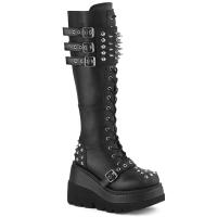 SHAKER-225 DemoniaCult Damen kniehohe Keilplateaustiefel Kegelnieten schwarz Matt