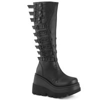 SHAKER-232 Damenia Damen Keilplateaustiefel Totenkopfschnallen schwarz Lederlook