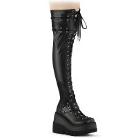 SHAKER-325 DemoniaCult vegane Damen Stretch Keilplateauoverkneestiefel Schnürung schwarz Matt