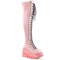 SHAKER-374-1 DemoniaCult wedge platform high heels stretch thigh high boot baby pink patent holo