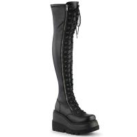 SHAKER-374 DemoniaCult Damen Keil-Plateauoverkneestiefel schwarz Stretch Lederoptik