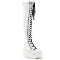 SHAKER-374 DemoniaCult wedge platform high heels stretch thigh high boot white patent