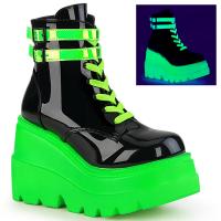 Sale SHAKER-52 DemoniaCult vegane knöchelhohe Keil-Plateau Stiefelette schwarz Lack UV Neon grün 37