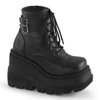 SHAKER-52 DemoniaCult Damen knöchelhohe Keil-Plateau Schnür-Stiefeletten schwarz Lederoptik