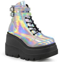 SHAKER-52 DemoniaCult Damen knöchelhohe Keilplateau Schnürstiefeletten silber Hologramm