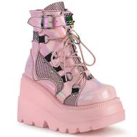 SHAKER-60 DemoniaCult wedge platform lace-up front ankle boot baby pink hologram