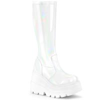 SHAKER-65 DemoniaCult vegane Damen Keil Plateau Stiefel weiß Hologramm Stretch Lack