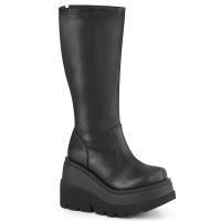 Sale SHAKER-65WC Demonia kniehohe Damen Keilplateaustiefel schwarz Stretch Lederoptik 38