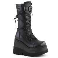 SHAKER-70 DemoniaCult halbhohe Damen Keil-Plateau Schnür-Stiefel Spikes schwarz Lederoptik