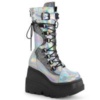 SHAKER-70 DemoniaCult lace-up mid-calf boot spikes o-ring silver hologram matte black fishnet
