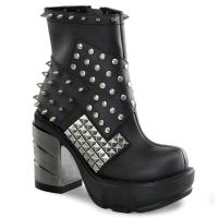 SINISTER-64 DemoniaCult Damen Plateau Chrom Absatz Nieten Stiefeletten schwarz Lederoptik