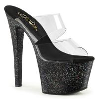 SKY-302MG Pleaser High-Heels Doppelriemen Plateaupantoletten klar schwarz Miniglitter