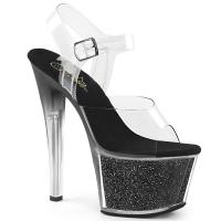 SKY-308G-T Pleaser High-Heels Plateausandaletten klar schwarz Glitter getönter Absatz