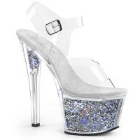 SKY-308GF sexy Pleaser High-Heels Plateausandaletten klar silber Multiglitter