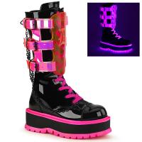 Sale SLACKER-156 DemoniaCult Damen Plateaustiefel schwarz Lack UV neon pink Ketten Acrylschild 39