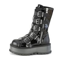 Auktion SLACKER-160 DemoniaCult vegane Damen Plateau Stiefel Dreiecksringe Metall schwarz Lack Lederlook 38