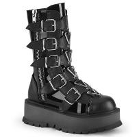 Auktion SLACKER-160 DemoniaCult vegane Damen Plateau Stiefel Dreiecksringe Metall schwarz Lack Lederlook 38